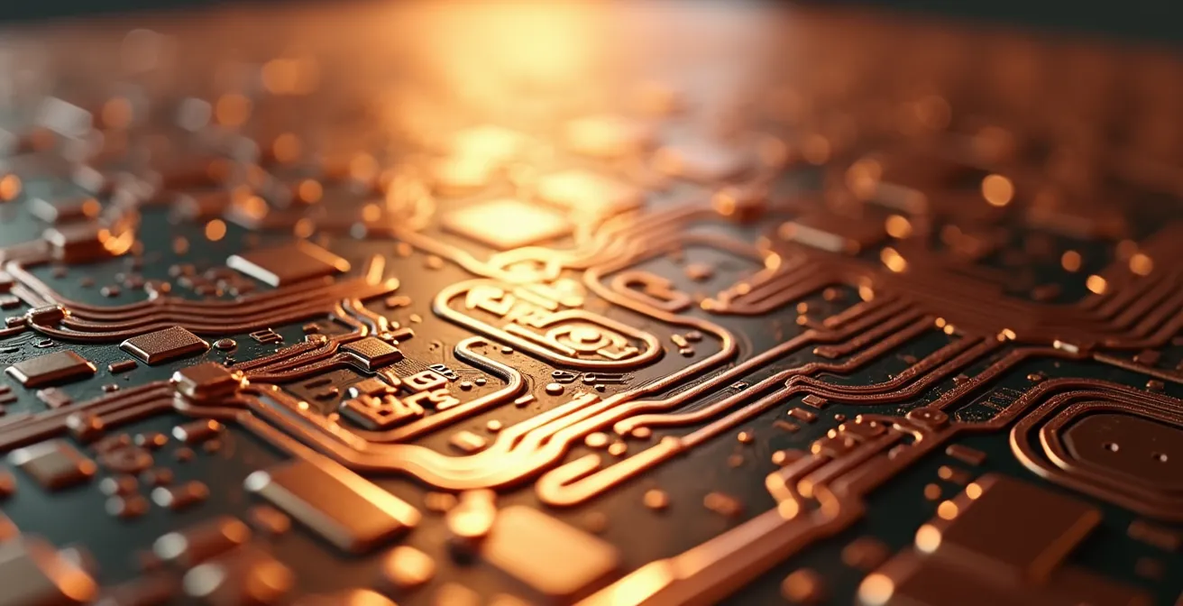 Macro shot of thick copper PCB showing etched intricate traces with precise patterning