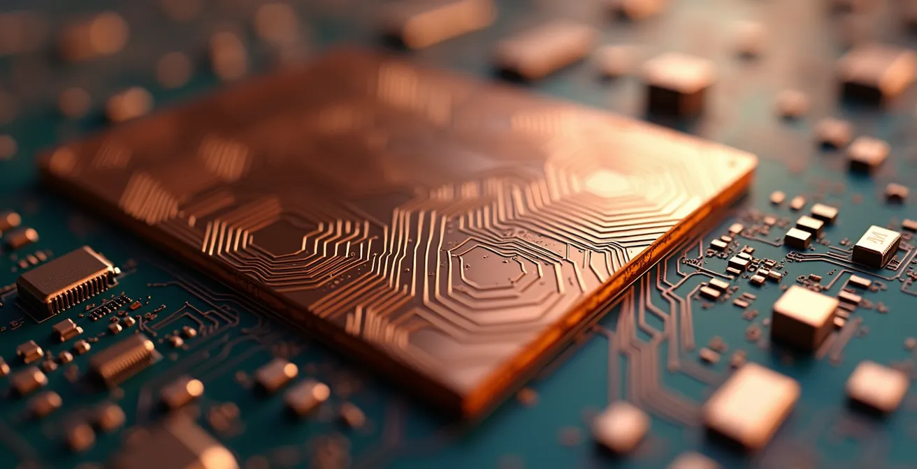 Close-up detailed view of a heavy copper PCB showcasing thick copper traces and industrial-grade substrate