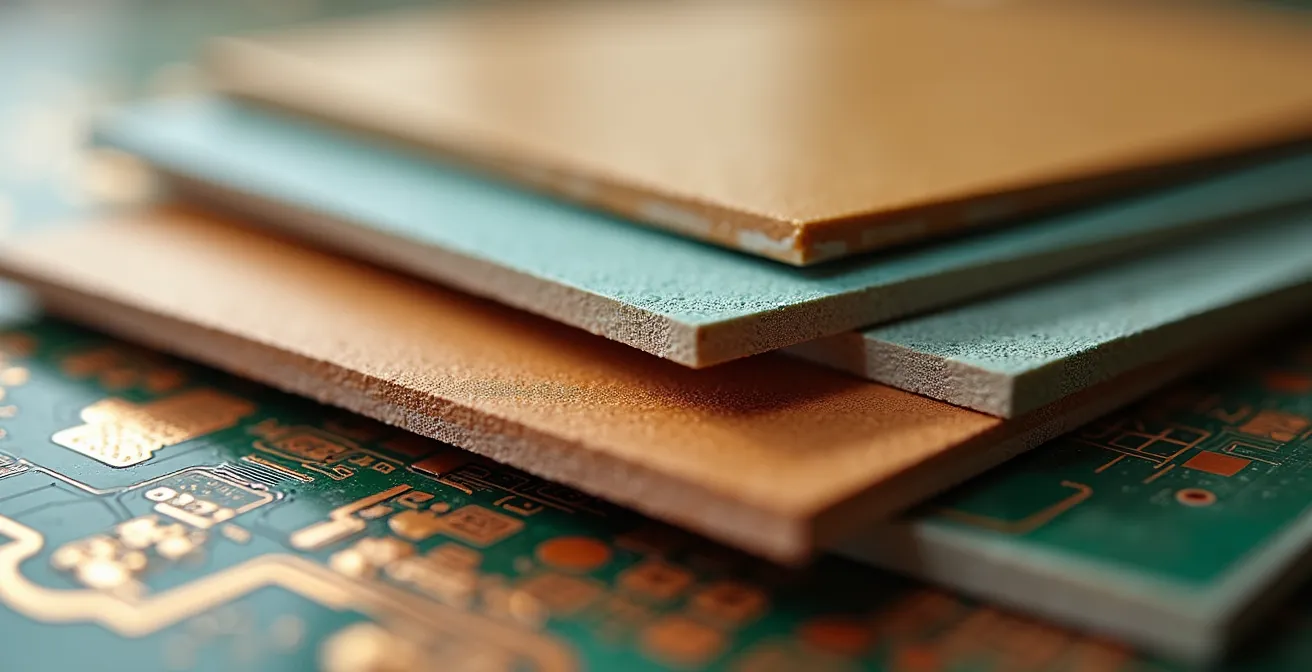 Conceptual photograph showing diverse industrial PCB base material samples stacked together